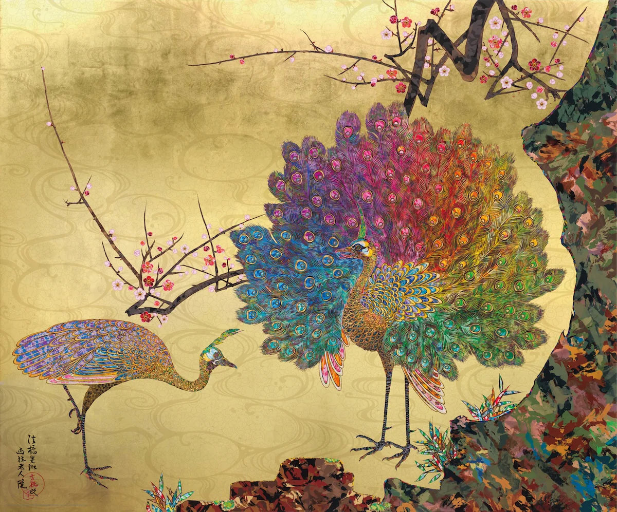 Peacock and Hollyhock